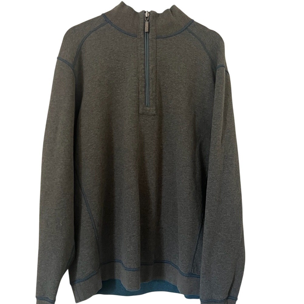 Tommy Bahama Quarter Zip Deep Teal/Charcoal Reversible Sweater Men's XXL EUC